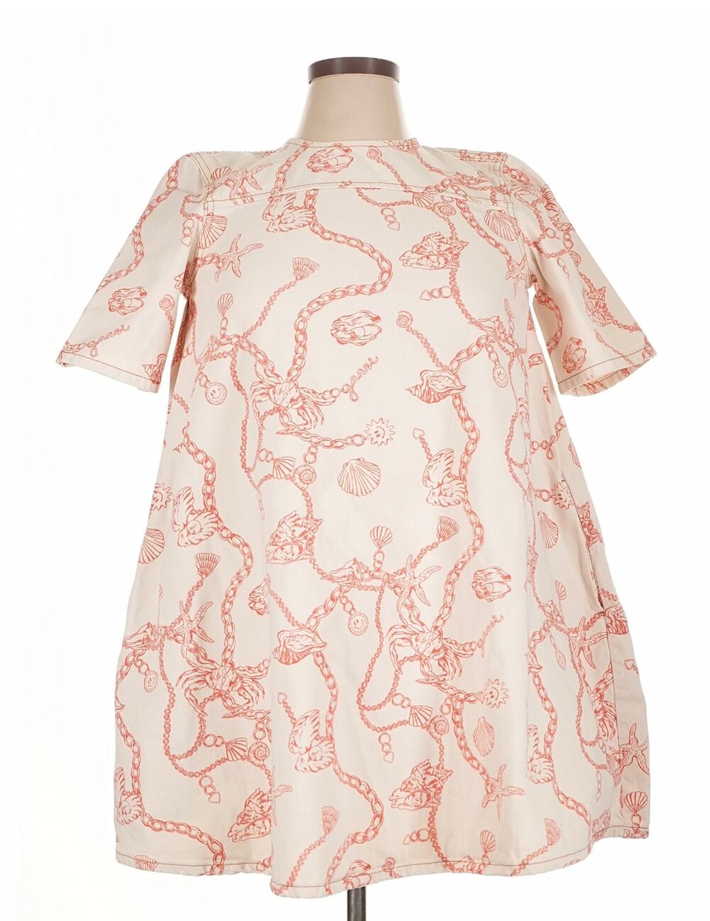 GANNI Denim Mini Dress in an Ecru/egret Color with a Red Seashell Sz. 34
